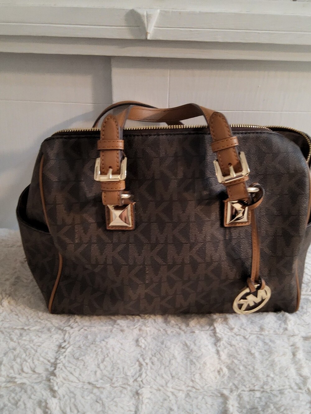 Michael Kors Brown MK Logo Satchel with Tan Leather Handles
